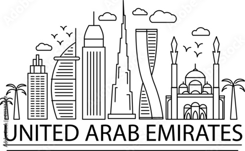 The skyline of the United Arab Emirates in the lines on white background