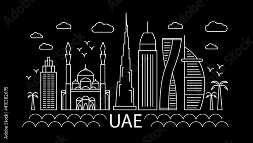 Skyline of United Arab Emirates in the lines on black background