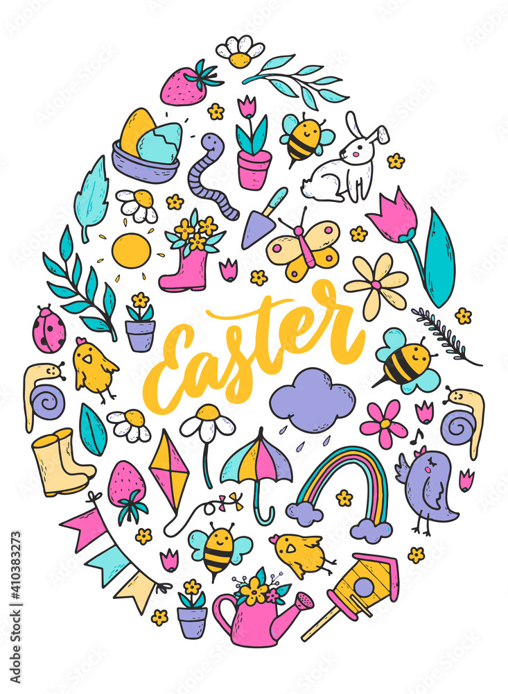 cute illustration of hand drawn easter doodles and lettering quote for cards, prints, posters, invitations, presents, clipart, etc.