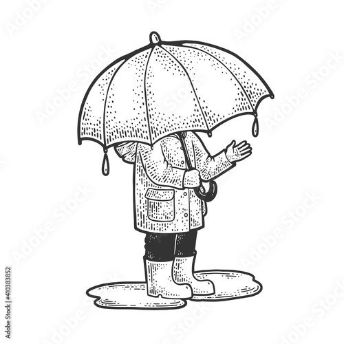 Child under huge umbrella is hiding from the rain sketch engraving vector illustration. T-shirt apparel print design. Scratch board imitation. Black and white hand drawn image.