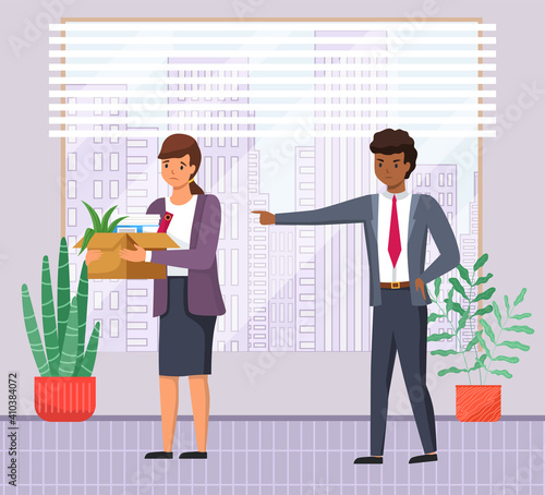 Angry man boss dismissed employee points with hand. Unhappy girl leave the office with things in box. Unemployment dismissal of fellow workers. Crisis, jobless and employee job reduction concept