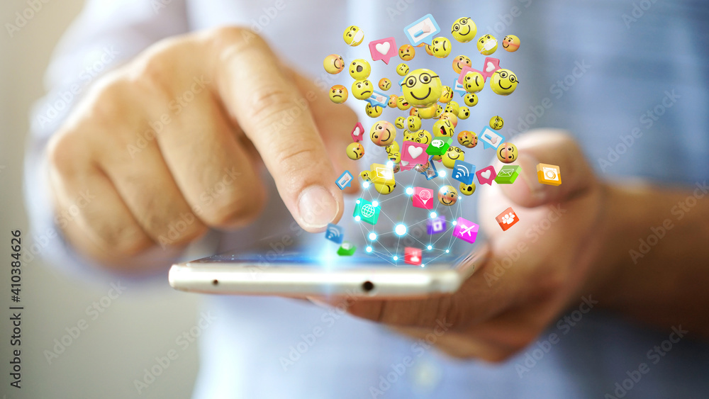 Man using smartphone sending text messages emoticon icons. Social network concept, 3d rendering Man using smartphone sending text messages emoticon icons. Social network concept, 3d rendering