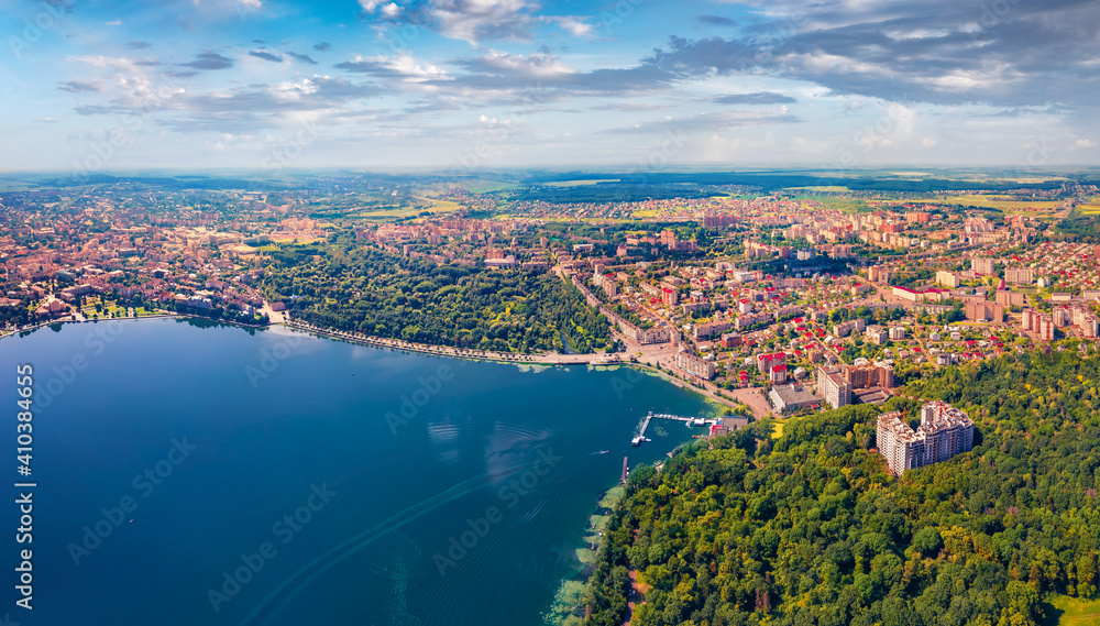 Aerial landscape photography. Splendid summer view of Ternopil town. Sunny afternonn scene of Ternopil lake, Ukraine, Europe. Traveling concept background.
