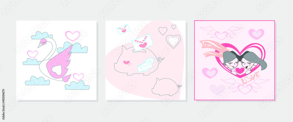 Valentines day vector illustration set of postcards with swan is a symbol of love and fidelity, love boyfriend and girlfriend, piggy bank with love letters. Boy gave girl heart. Lineart hand draw conc