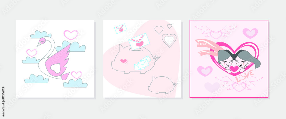 Valentines day vector illustration set of postcards with swan is a symbol of love and fidelity, love boyfriend and girlfriend, piggy bank with love letters. Boy gave girl heart. Lineart hand draw conc Valentines day vector illustration set of postcards with swan is a symbol of love and fidelity, love boyfriend and girlfriend, piggy bank with love letters. Boy gave girl heart. Lineart hand draw conc