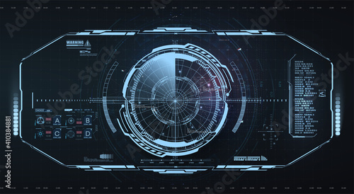Abstract virtual graphic touch user interface.  Sky-fi helmet with futuristic Interface. Military radar screen dashboard. Interactive target capture system. VR view. Head up display, cockpit center.