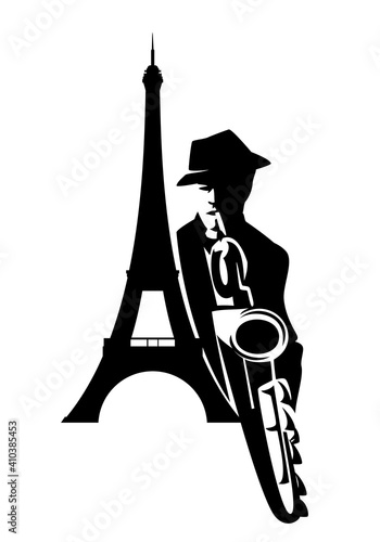 jazz man playing saxophone instrument with eiffel tower silhouette - performing musician black and white vector outline