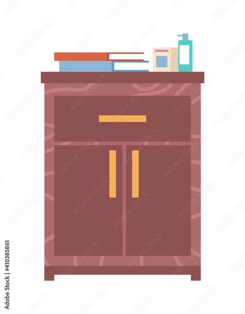 Wooden commode with drawers isolated on white background. Interior element made of wood. Chest of drawers vector illustration. Furniture for room interior design. Books and disinfectants on the closet Wooden commode with drawers isolated on white background. Interior element made of wood. Chest of drawers vector illustration. Furniture for room interior design. Books and disinfectants on the closet