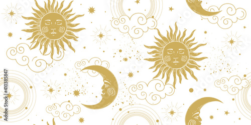 Seamless celestial pattern with golden sun and crescent moon on white background, vintage boho ornament for astrology and tarot. Modern vector hand drawing illustration. photo