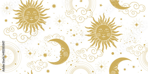 Seamless celestial pattern with golden sun and crescent moon on white background, vintage boho ornament for astrology and tarot. Modern vector hand drawing illustration.