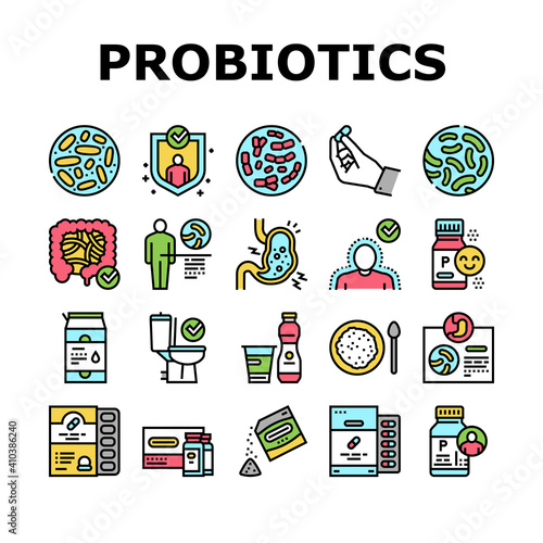 Probiotics Bacterium Collection Icons Set Vector. Dry And Liquid Probiotics, Sorption And Capsule, Lactobacillus, Bifidobacterium And Lactococcus Concept Linear Pictograms. Contour Color Illustrations