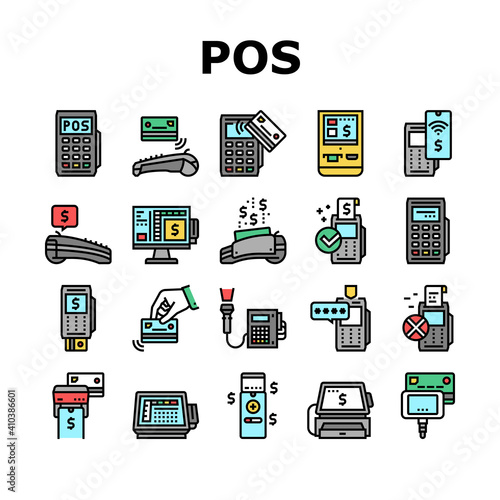 Pos Terminal Device Collection Icons Set Vector. Pos Terminal For Accept Payment By Contact And Contactless Bank Card, Paying Technology Concept Linear Pictograms. Contour Color Illustrations