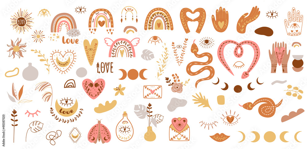 Boho element collection. Boho set. Boho clipart. Hand drawn boho plants, shapes, leaves rainbow, hand, moon. Boho element collection. Boho set. Boho clipart. Hand drawn boho plants, shapes, leaves rainbow, hand, moon.
