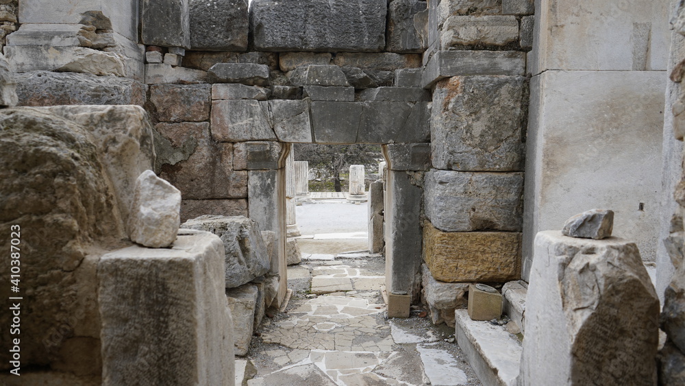Selcuk, Ephesus, Turkey - January 2021: View of the ruins of the ancient Greek city of Ephesus near Selcuk. Ruins of the ancient city. Selcuk, Ephesus, Turkey - January 2021: View of the ruins of the ancient Greek city of Ephesus near Selcuk. Ruins of the ancient city.