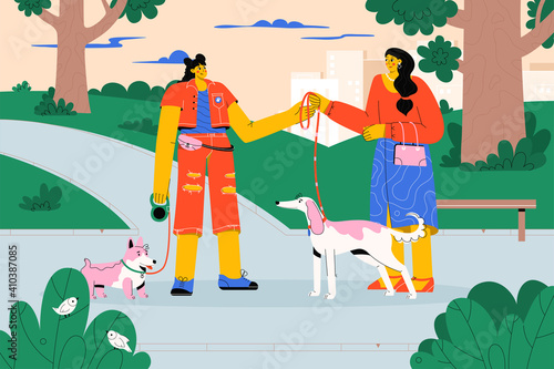 Professional pet walker taking dog on leash