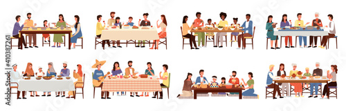 Set of illustrations on the theme of people eating. Dishes of world cuisines on the table. Families spend time together and socialize during dinner. Ethnic features of cuisines of different nations photo