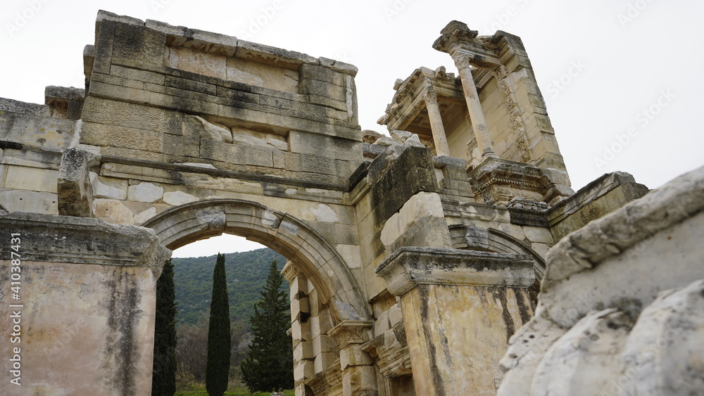 Selcuk, Ephesus, Turkey - January 2021: View of the ruins of the ancient Greek city of Ephesus near Selcuk. Ruins of the ancient city. 