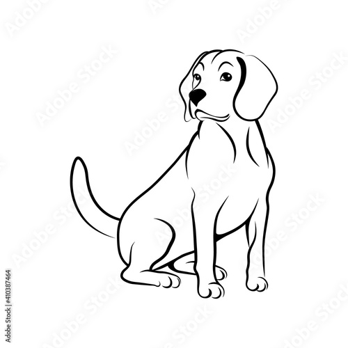 Sitting dog. Cute beagle dog in a sitting position black outline isolated on white background. Vector illustration