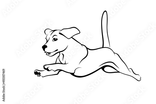 Fast running dog. Jumping dog black outline isolated on white background. Vector illustration