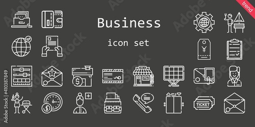 business icon set. line icon style. business related icons such as settings, german, wallet, tickets, mail, contract, wall clock, portable, employee, filing cabinet, clipboard, setting, earth grid