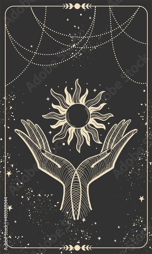Tarot card with two palms holding the sun. Magic boho design with stars, engraving stylization, cover for the witch. Golden mystical hand drawing on a black background with stars.