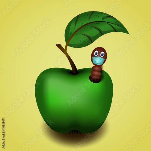 A green apple and worm wearing a mask