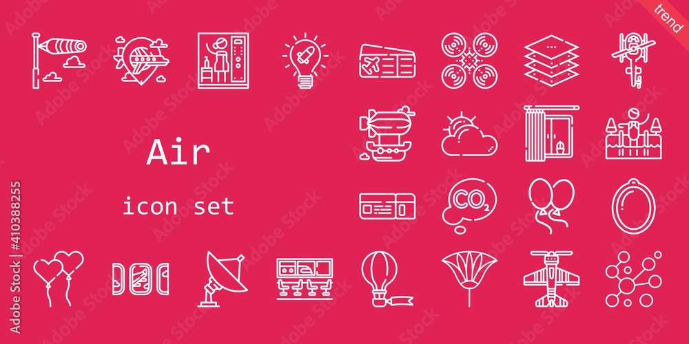 air icon set. line icon style. air related icons such as airship, balloons, plane ticket, idea, co2, windsock, windows, cold water, drone, airport, cloudy, radar, hot air balloon, fan, helicopter air icon set. line icon style. air related icons such as airship, balloons, plane ticket, idea, co2, windsock, windows, cold water, drone, airport, cloudy, radar, hot air balloon, fan, helicopter