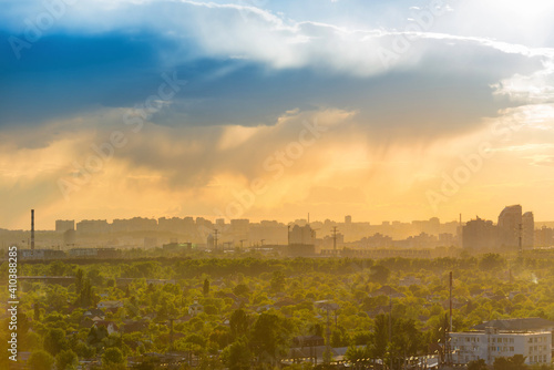 Sunset in big city, downtown cityscape with sunset sky