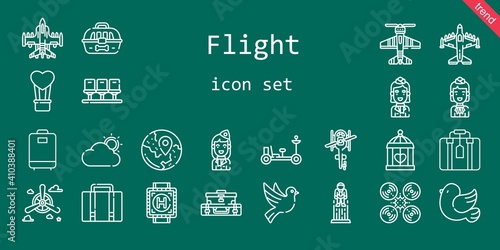 flight icon set. line icon style. flight related icons such as pigeon, suitcase, propeller, heliport, seats, drone, cloud, moon rover, astronaut, stewardess, cage, hot air balloon, helicopter