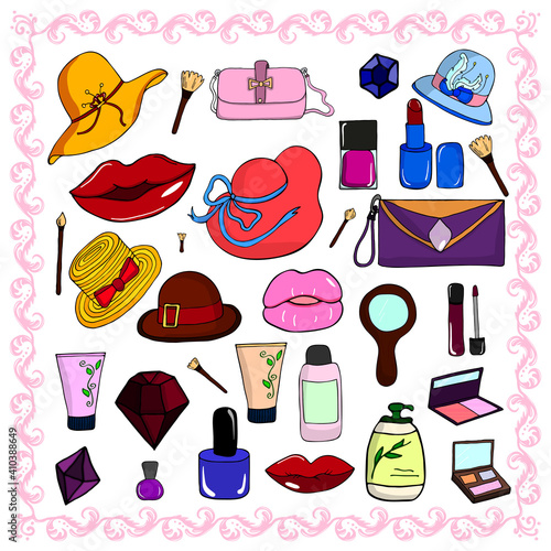 Vector set of colored drawings of cosmetics and jewelry on a white background and various women s hats. Hand-drawn illustration.