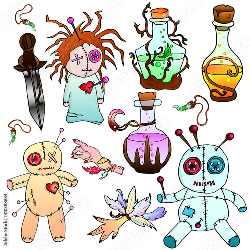 Colorful voodoo dolls, magic attributes vector illustration.
