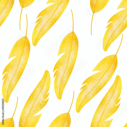 Yellow bird feathers hand drawn in watercolor isolated on white background. Seamless endless pattern. Natural pattern for textiles, packaging, bedding.
