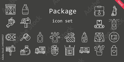 package icon set. line icon style. package related icons such as gift, conveyor, package, bag, delivery truck, first aid kit, perfume, detergent, shopping bag, mailbox, hairspray, mail truck, unboxing