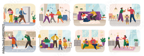 Pairs of people during conflict, disagreement. Family conflict, relationship problem with unhappy married couples, children. Set of men and women quarreling brawling, bickering, shouting at each other