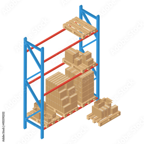 Isometric racks with pallet and box. Vector warehouse shelving. Isolated on white background. Logistic and delivery service element for web and infographics.