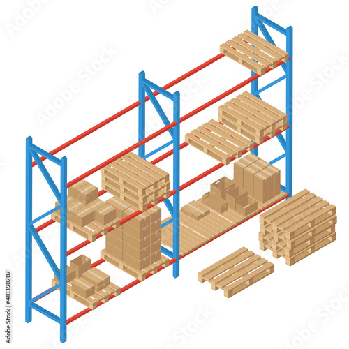 Isometric racks with pallet and box. Vector warehouse shelving. Isolated on white background. Logistic and delivery service element for web and infographics.