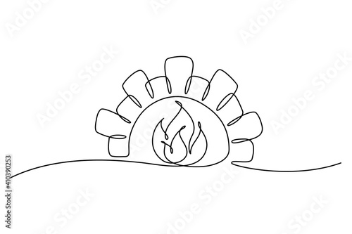 Fire in wood-burning stove in continuous line art drawing style. Fireplace minimalist black linear sketch isolated on white background. Vector illustration