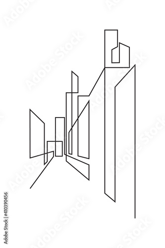 Abstract drawing of urban street in continuous line art drawing style. Modern cityscape black linear design isolated on white background. Vector illustration