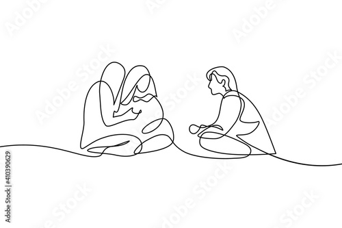 Young people communicate in casual settings. Friends rest and talking. Continuous line art drawing style. Minimalist black linear design isolated on white background. Vector illustration