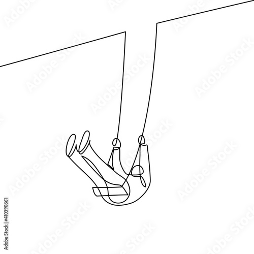 Man swinging on a swing in continuous line art drawing style. Black linear sketch isolated on white background. Vector illustration