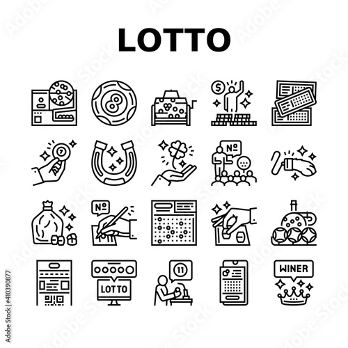 Lotto Gamble Game Collection Icons Set Vector. Lotto Ticket And Ball, Winner Winning Prize And Money, Clover And Rabbit Paw, Fortune And Lucky Black Contour Illustrations