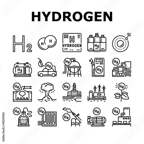 Hydrogen Industry Collection Icons Set Vector. Hydrogen Eco Energy Industrial Plant And Manufacturing Factory, Cylinders And Tank Black Contour Illustrations