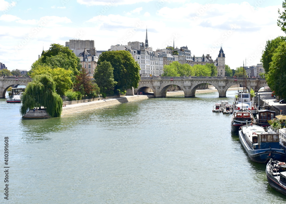 View of Seine River, Pont Neuf, Ile de la Cite and Square du Vert-Galant from Pont des Arts. Paris, France.