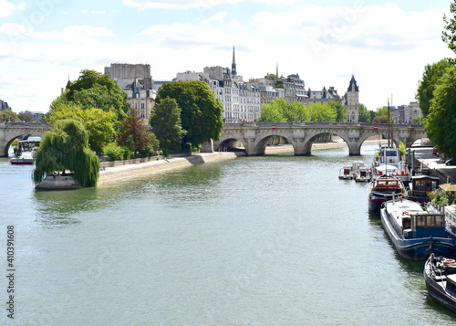 Obraz na płótnie View of Seine River, Pont Neuf, Ile de la Cite and Square du Vert-Galant from Pont des Arts. Paris, France. w salonie