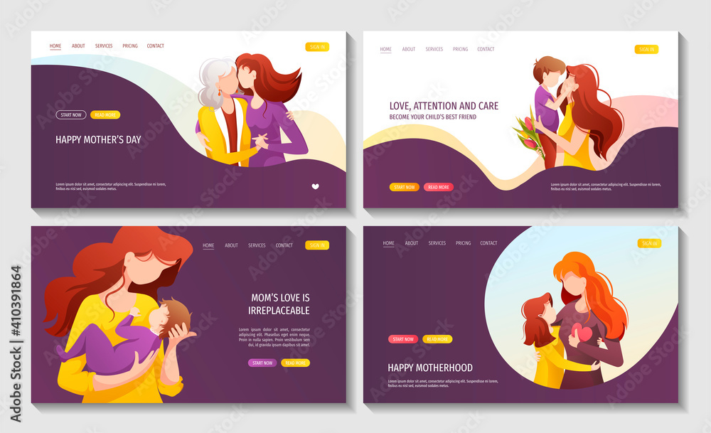 Set of web pages with moms with their child. Motherhood, Parenthood, Childhood, Mother's Day Happy family concept. Vector illustration for website, poster, banner.