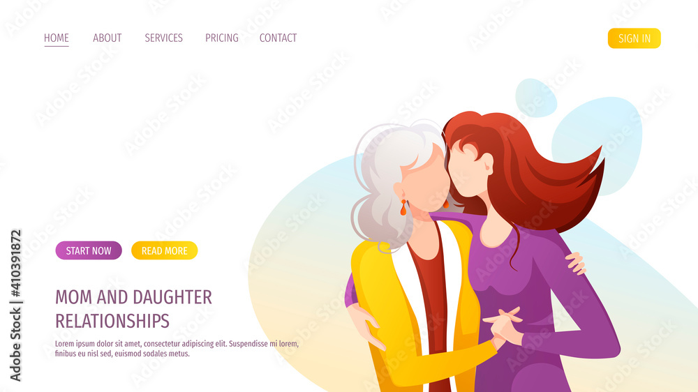 Web page design with adult daughter hugging her old mother with love. Motherhood, Parenthood, Childhood, Mother's Day Happy family concept. Vector Illustration for poster, banner, website. Web page design with adult daughter hugging her old mother with love. Motherhood, Parenthood, Childhood, Mother's Day Happy family concept. Vector Illustration for poster, banner, website.