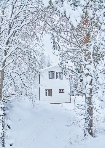 frame house in the forest in winter