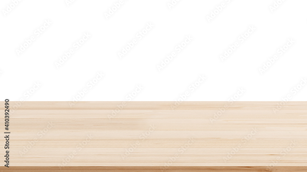 Empty brown wood table top isolated on white background. Template mock up for display of product