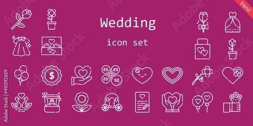 wedding icon set. line icon style. wedding related icons such as dress  wedding dress  flowers  ring  balloon  carriage  ring  gift  balloons  tulip  label  petals  heart