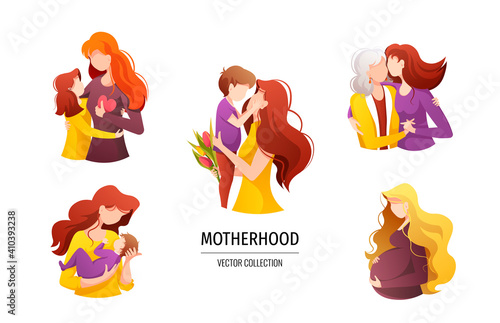 Moms with their children of different ages, pregnant woman. Motherhood, Parenthood, Childhood, Mother's Day Happy family concept. Isolated vector illustration for card, postcard, poster, banner.